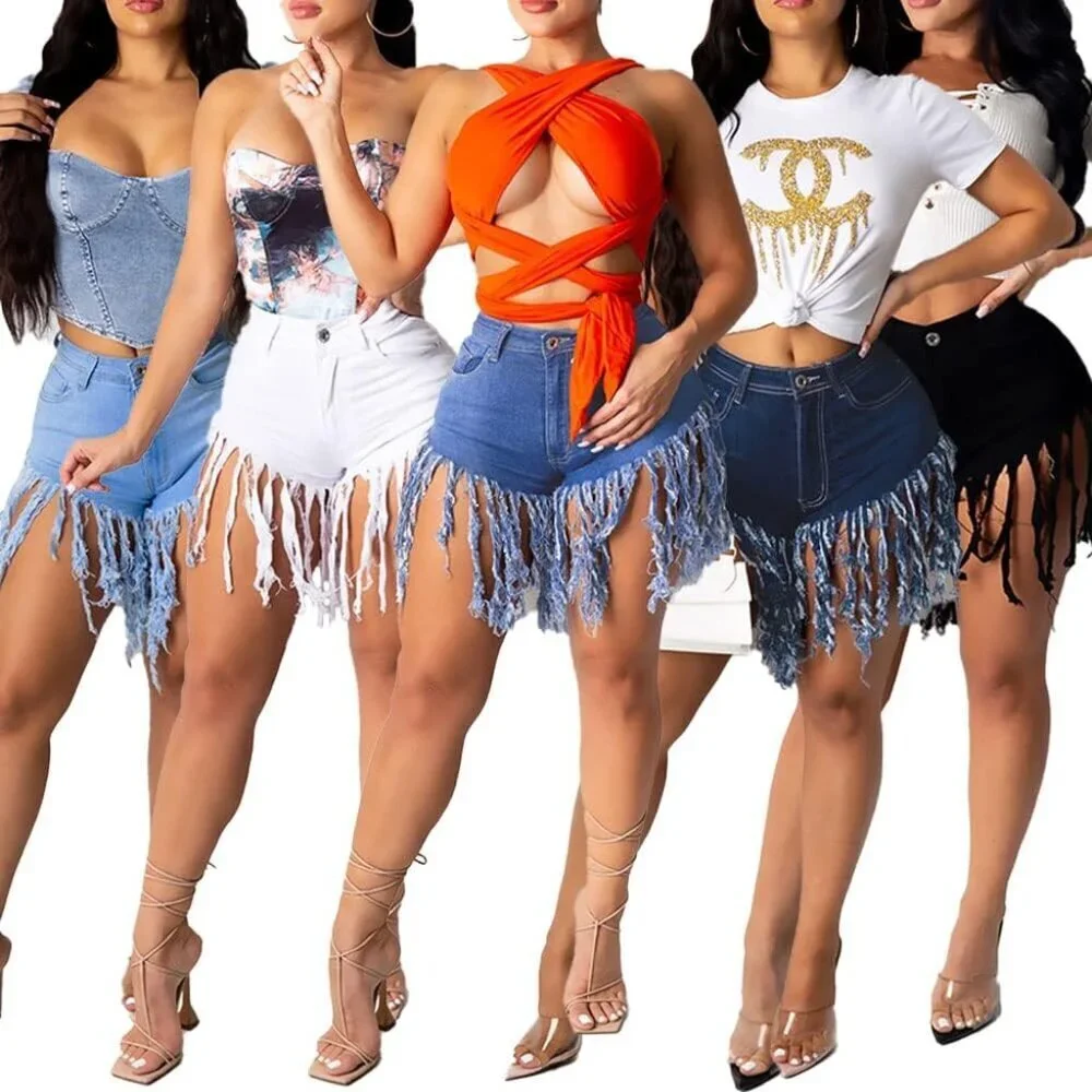 Women's Denim Shorts High Waist Frayed Ripped Tassels Casual Summer